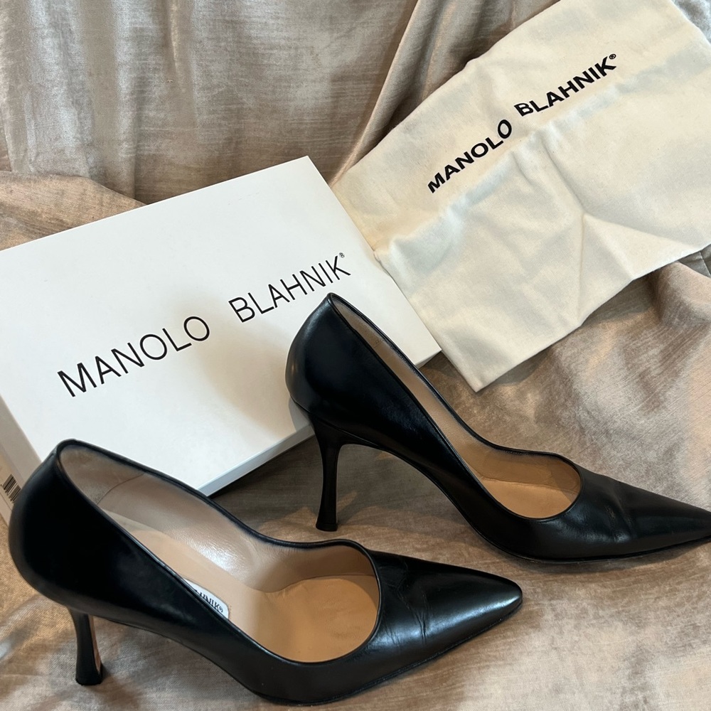 Manolo Blahnik black heels, size 38.  Box and duster bag included.